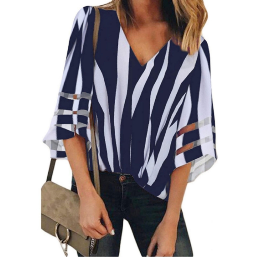 Sheer Bell Sleeve Insert Navy White Striped Blouse